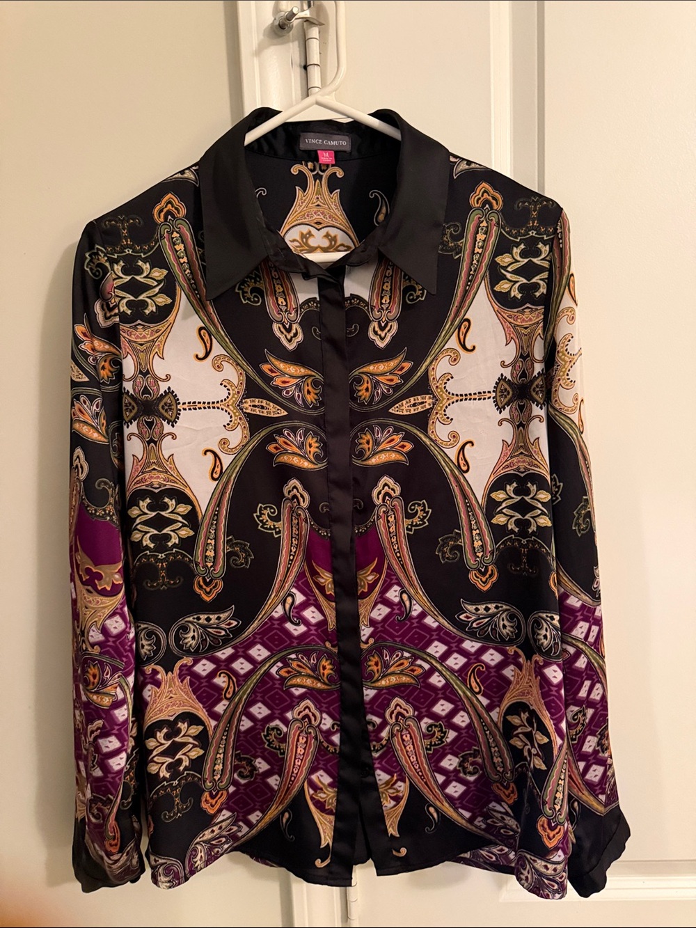 Vince Camuto Black, Purple & Gold Paisley-Print Satin Button-Down Blouse